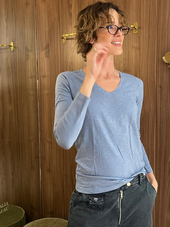 Blaire V Neck Long Sleeve Tee Ceramic Blue