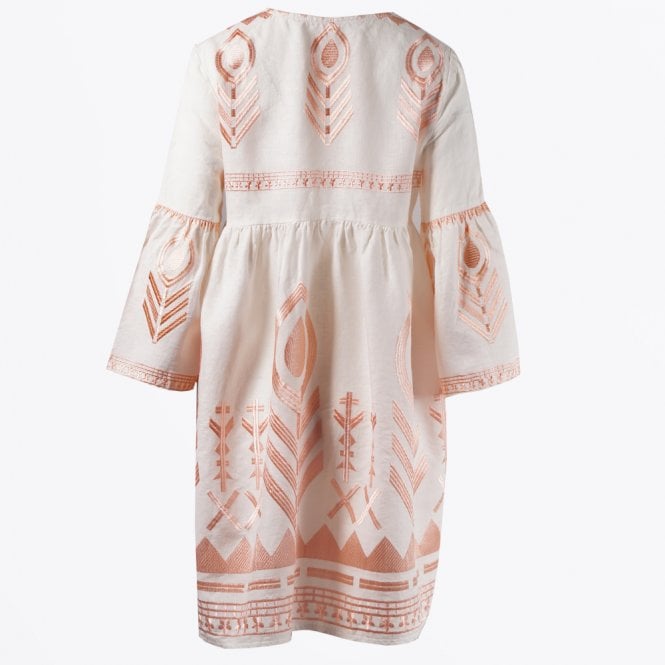 Feather Embroidered Short Dress White Pink Broze