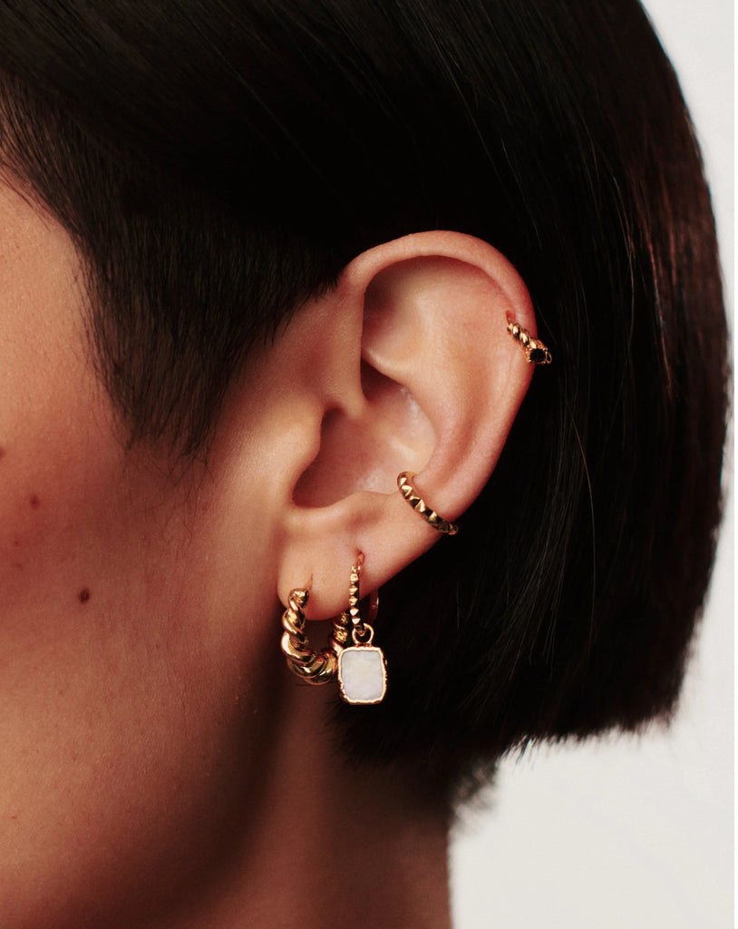 Pyramid Rainbow Moonstone Mini Drop Charm Hoop Earrings