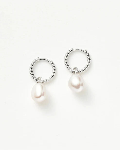 Pearl Twisted Small Drop Hoop Earrings Silver