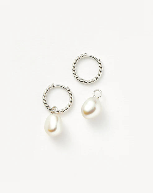 Pearl Twisted Small Drop Hoop Earrings Silver
