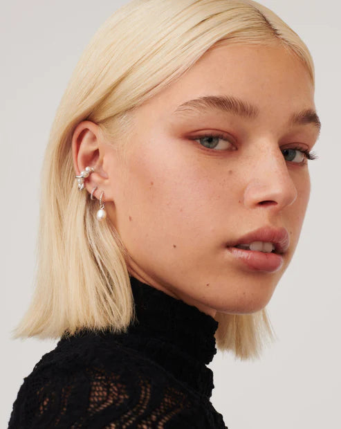 Pearl Twisted Small Drop Hoop Earrings Silver