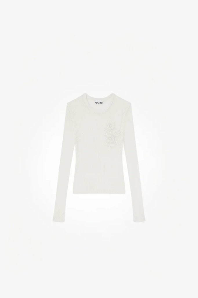 Cotton Mesh Pointelle Longsleeve Top Off-White