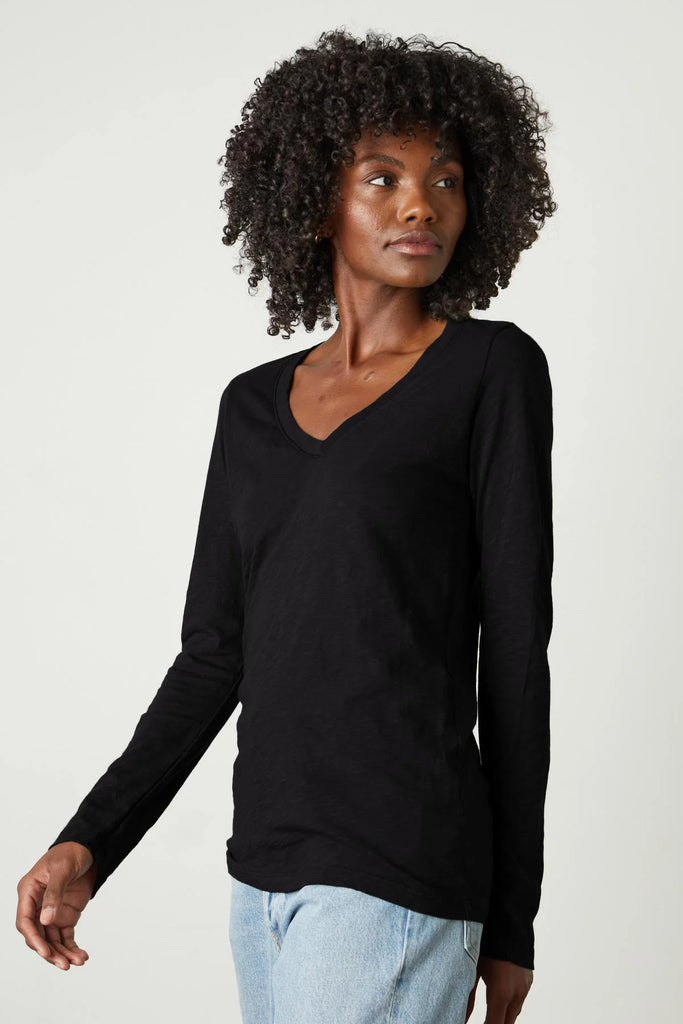 Velvet Originals Blaire V Neck Long Sleeve Tee Black