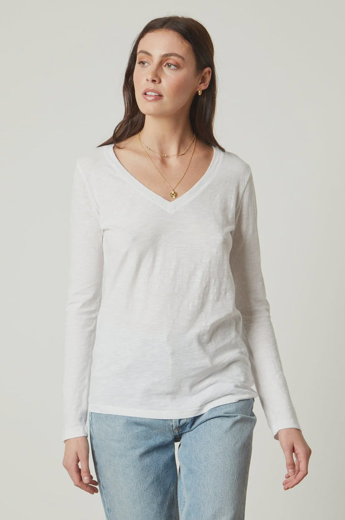 Velvet Originals Blaire V Neck Long Sleeve Tee White