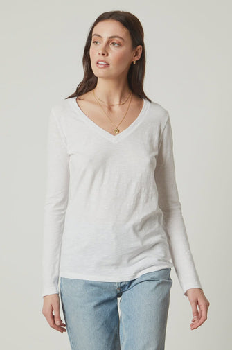 Velvet Originals Blaire V Neck Long Sleeve Tee White