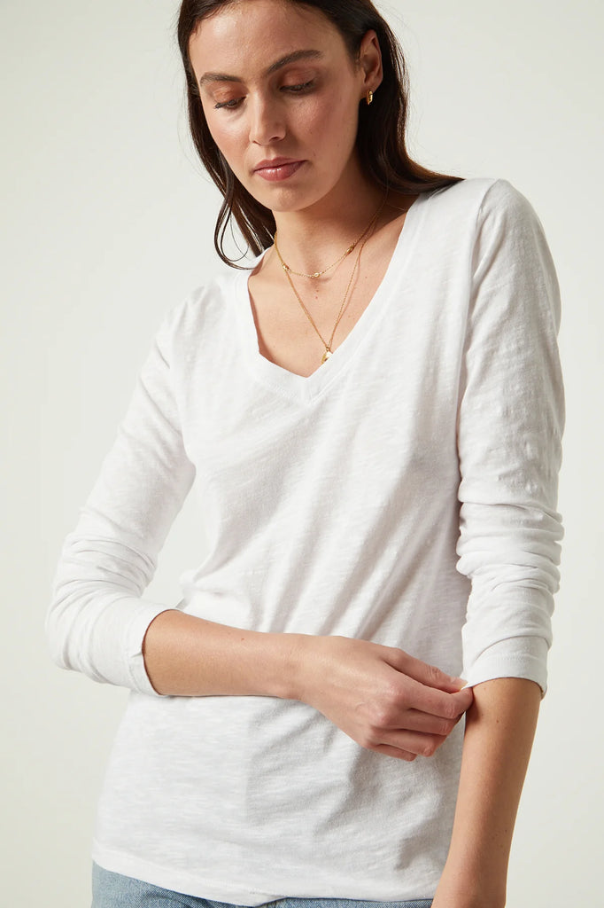 Velvet Originals Blaire V Neck Long Sleeve Tee White