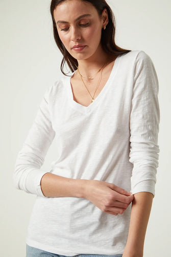 Velvet Originals Blaire V Neck Long Sleeve Tee White