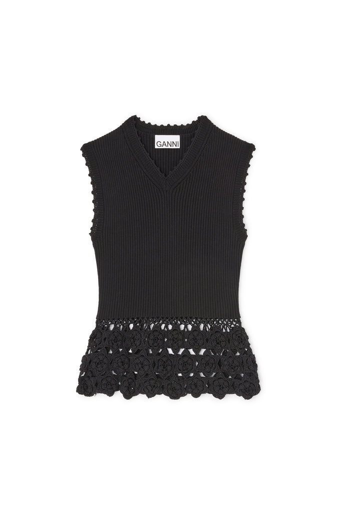 Fine Cotton Rib Crochet Vest Black