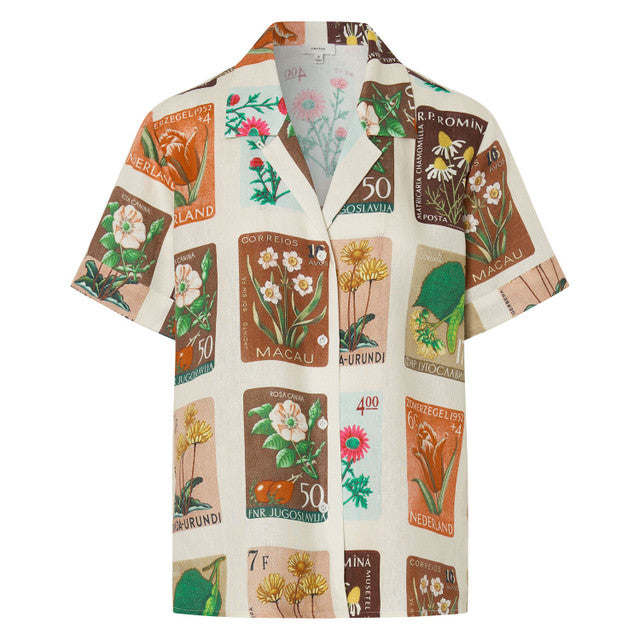 Flower Stamp Print Camp Shirt