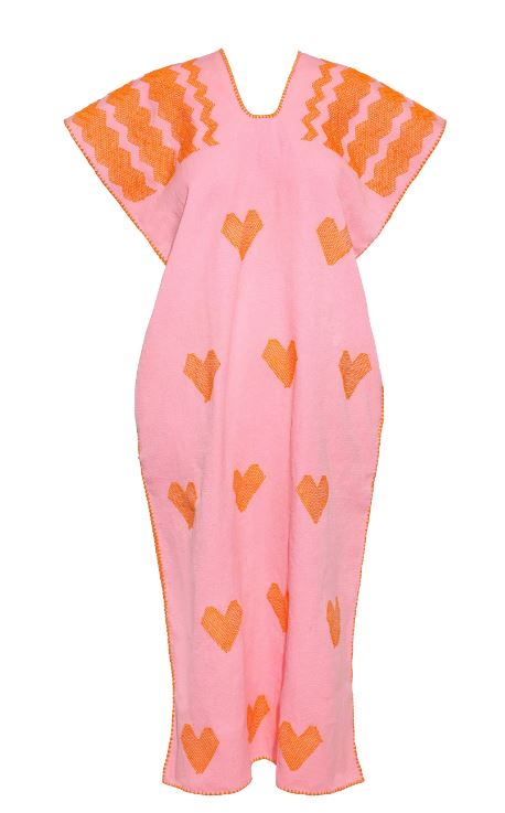 Single panel midi kaftan in pink with orange hearts