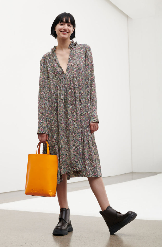 Gathered Ruffled Collar Midi Dress