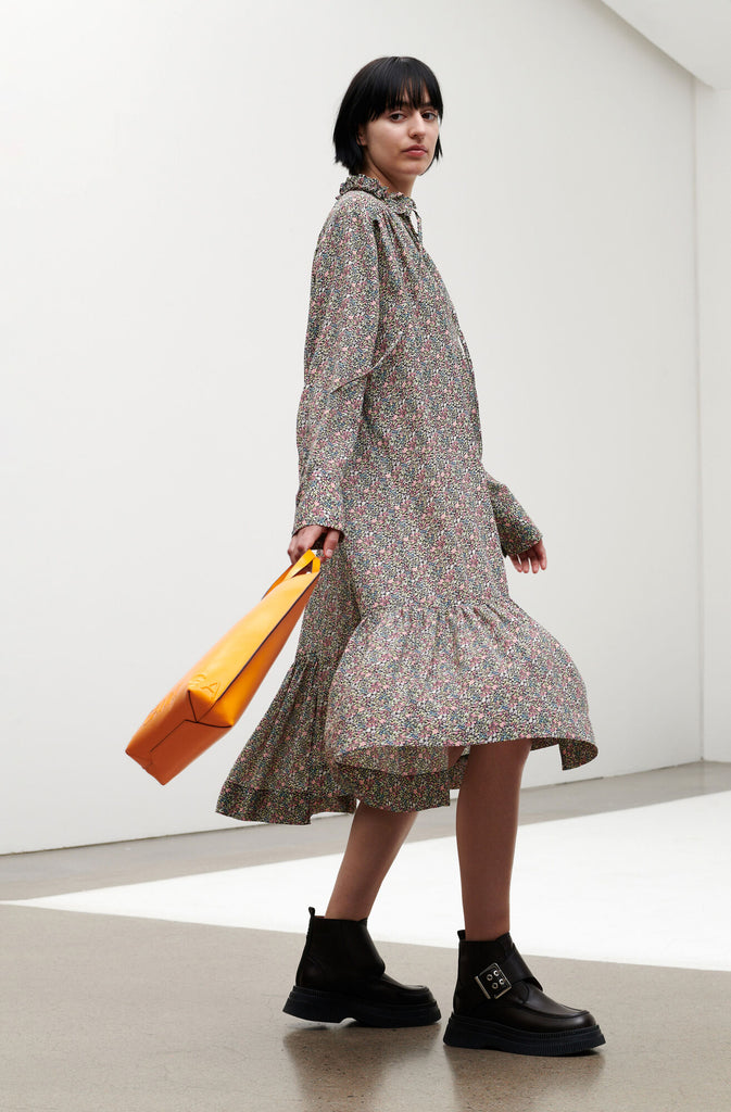 Gathered Ruffled Collar Midi Dress