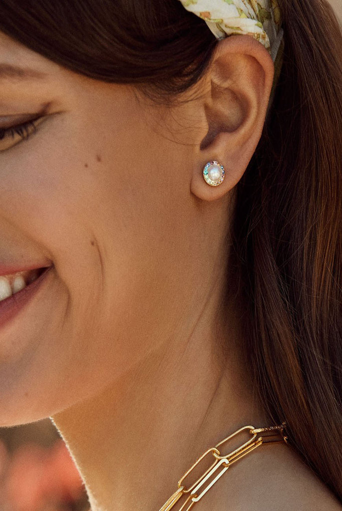 Rainbow and Pearl Stud Earrings
