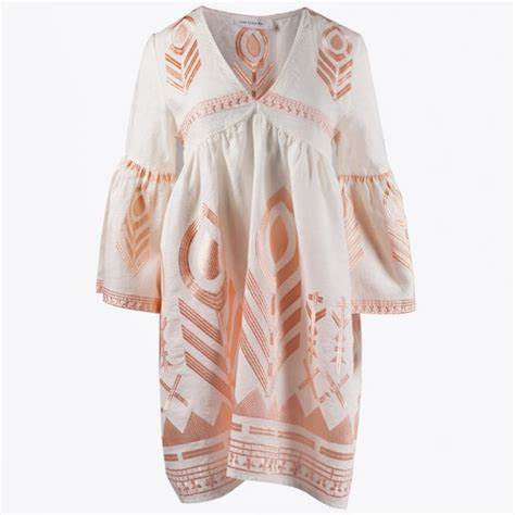 Feather Embroidered Short Dress White Pink Broze