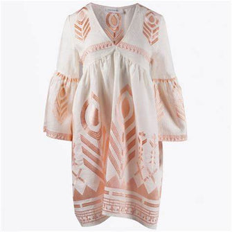 Feather Embroidered Short Dress White Pink Broze