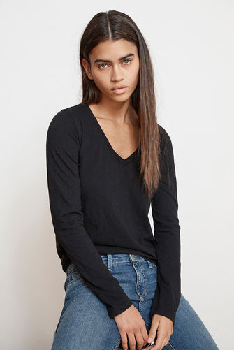 Velvet Originals Blaire V Neck Long Sleeve Tee Black